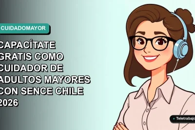 Ilustración vectorial plana de un cuidador de adultos mayores sonriente, fondo con gradiente suave de color verde azulado.