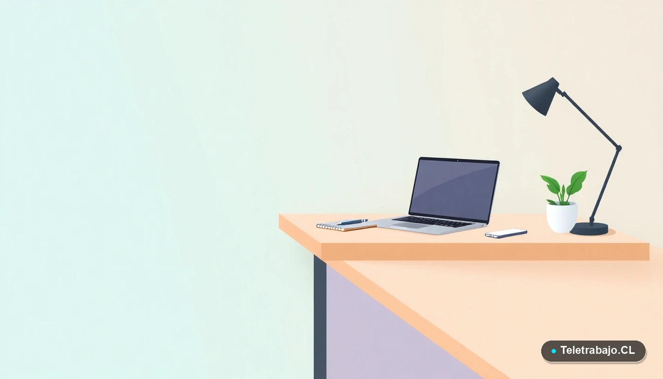 Escritorio moderno minimalista con laptop y planta, ilustración vectorial plana sobre fondo degradado teal.