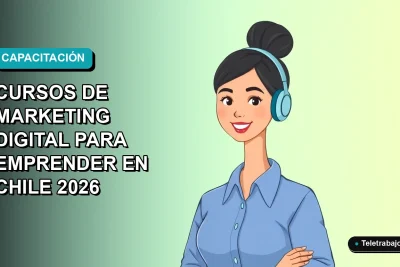 Ilustración vectorial plana de una mujer profesional con blusa azul y pelo recogido, sonriendo, sobre un fondo degradado suave de azul a verde agua. Representa capacitación en marketing digital para emprendedores en Chile.