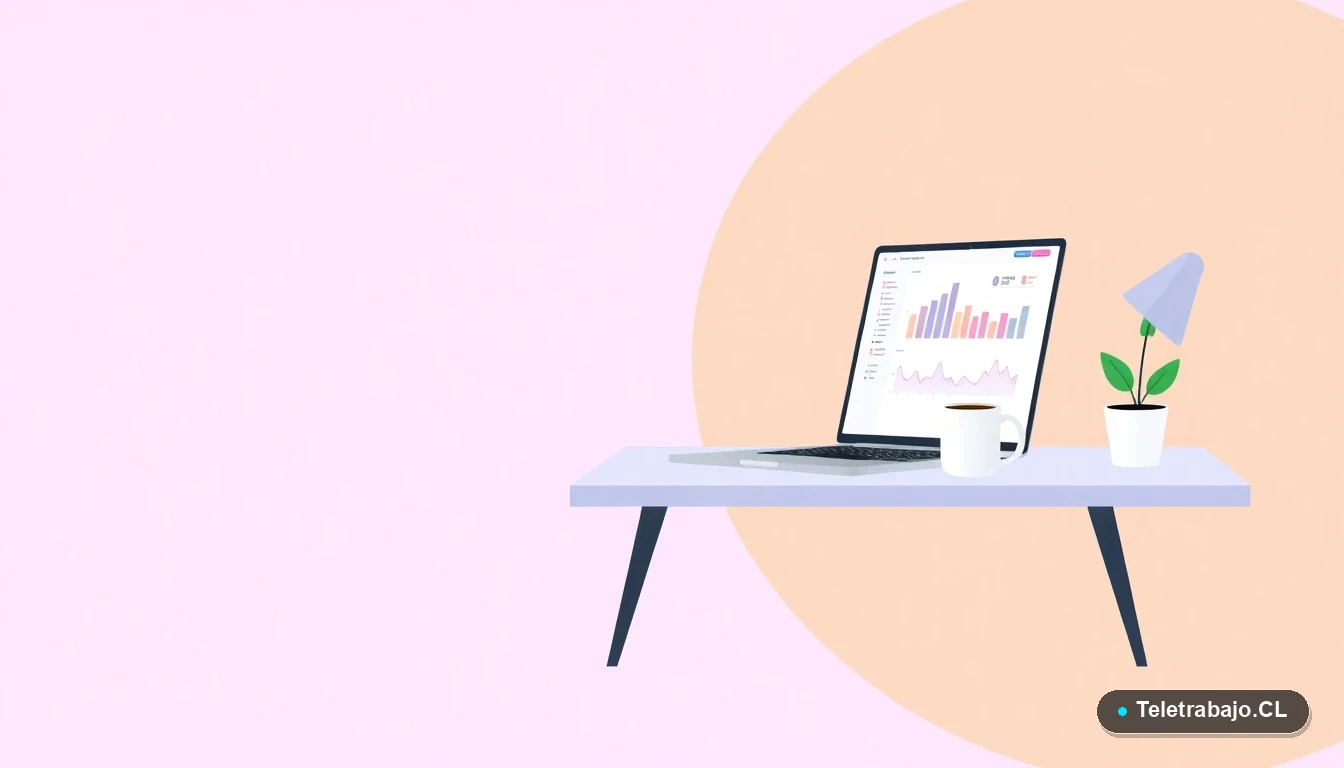 Escritorio moderno minimalista con laptop, taza de café y una planta suculenta, sobre fondo degradado lila y durazno. Representa un espacio de trabajo digital y aprendizaje online.