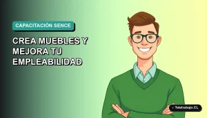 Ilustración plana de un hombre trabajador remoto con suéter verde, sonriendo, sobre un fondo degradado suave de color verde azulado. Espacio negativo a la izquierda.