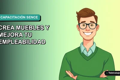 Ilustración plana de un hombre trabajador remoto con suéter verde, sonriendo, sobre un fondo degradado suave de color verde azulado. Espacio negativo a la izquierda.