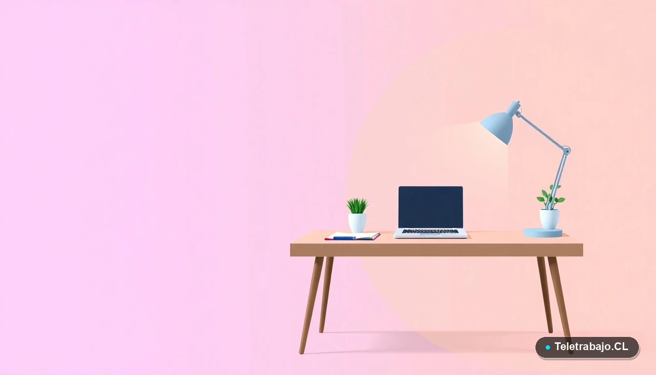 Ilustración vectorial plana de un escritorio moderno minimalista con laptop, cuaderno, lámpara y planta, sobre un fondo degradado lavanda y durazno. Concepto de espacio de trabajo limpio.