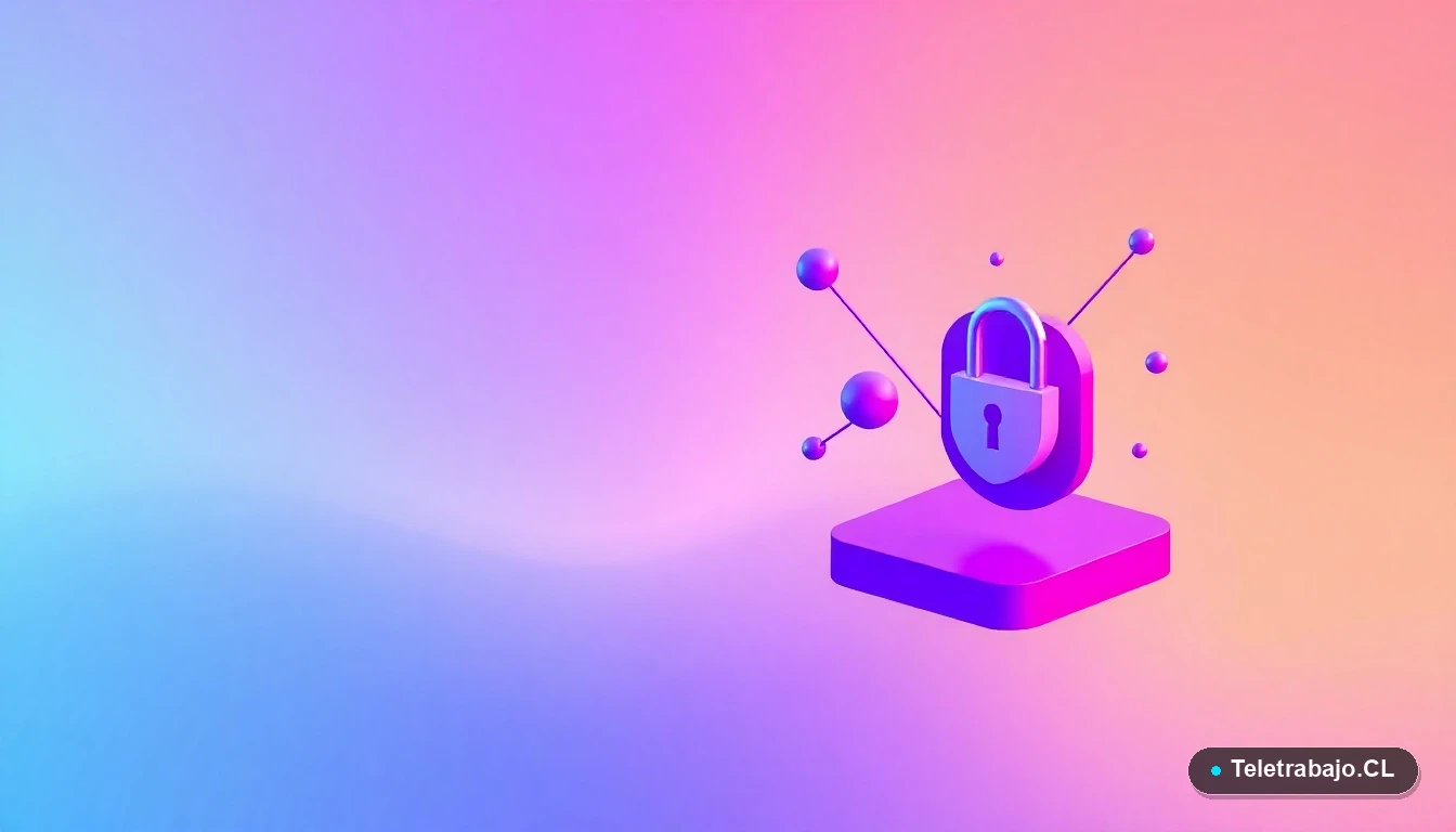 Elementos abstractos de interfaz de ciberseguridad, como escudos y candados flotantes, en estilo de ilustración vectorial plana con fondo degradado menta.