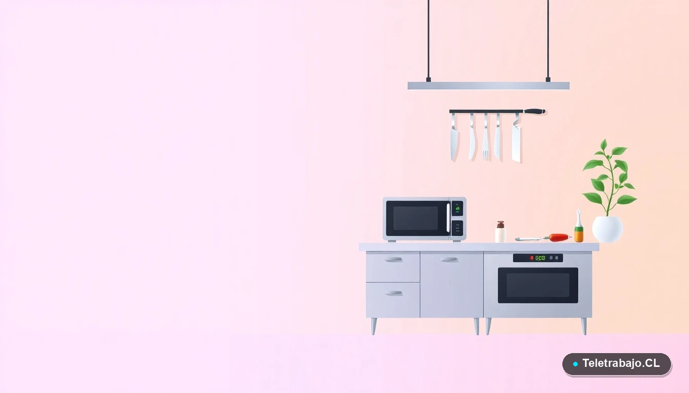 Ilustración vectorial de una estación de trabajo de cocina profesional vacía, con cuchillo, balanza digital y hierbas frescas, sobre fondo degradado lavanda y durazno.