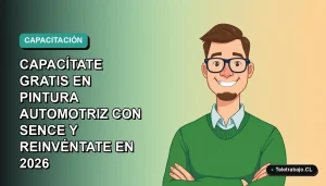 Ilustración plana de un hombre profesional con suéter verde, sonriendo, sobre un fondo degradado azul verdoso. Representa capacitación técnica gratuita.
