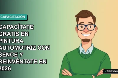 Ilustración plana de un hombre profesional con suéter verde, sonriendo, sobre un fondo degradado azul verdoso. Representa capacitación técnica gratuita.