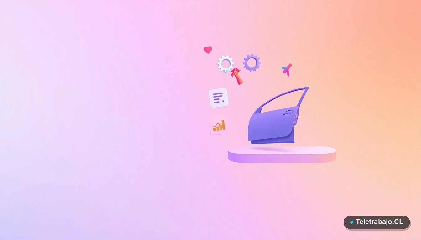 Ilustración abstracta de interfaz de usuario con iconos planos de una puerta de auto, pistola de pintura, engranaje y gráfico de progreso, sobre fondo degradado lila.