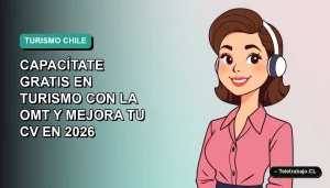 Ilustración plana de mujer profesional de turismo sonriendo, con fondo degradado azul verdoso. Capacitación gratuita de la OMT para mejorar el currículum.