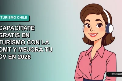 Ilustración plana de mujer profesional de turismo sonriendo, con fondo degradado azul verdoso. Capacitación gratuita de la OMT para mejorar el currículum.