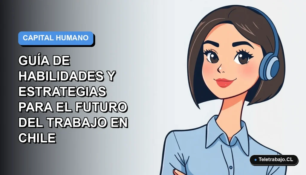 Ilustración vectorial plana de una mujer profesional chilena con blusa azul, mirando al frente, sobre fondo degradado azul y gris. Representa el futuro del trabajo en Chile.