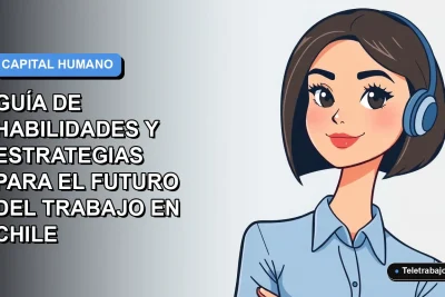 Ilustración vectorial plana de una mujer profesional chilena con blusa azul, mirando al frente, sobre fondo degradado azul y gris. Representa el futuro del trabajo en Chile.