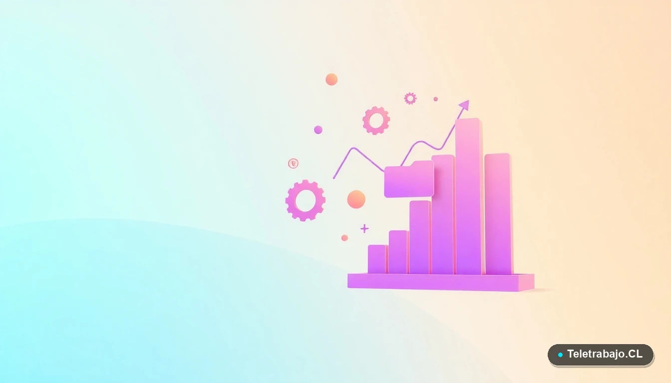 Composición abstracta de interfaz tecnológica con gráficos flotantes y engranajes en tonos lavanda y durazno, sobre fondo degradado verde menta. Representa datos, innovación y estrategia para el futuro del trabajo.