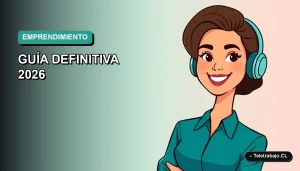Ilustración vectorial plana de una mujer profesional de teletrabajo sonriente, con fondo degradado azul verdoso. Concepto de capitalizar el subsidio de desempleo para emprender.
