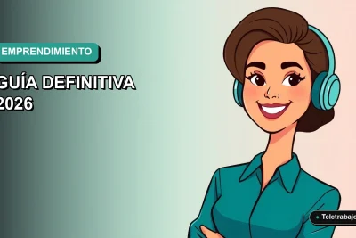 Ilustración vectorial plana de una mujer profesional de teletrabajo sonriente, con fondo degradado azul verdoso. Concepto de capitalizar el subsidio de desempleo para emprender.