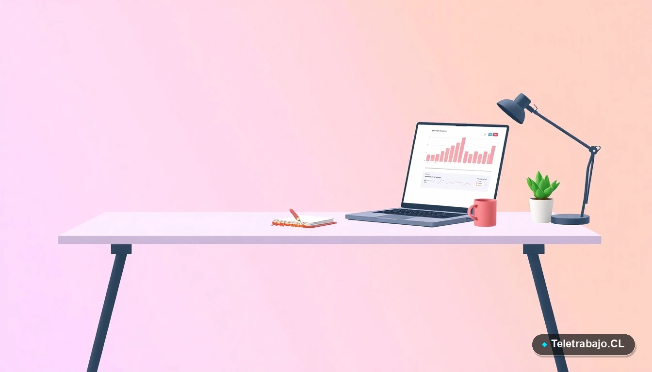 Escritorio moderno minimalista para emprender, con laptop, cuaderno, planta y taza de café, en estilo de ilustración vectorial plana con fondo degradado lila.