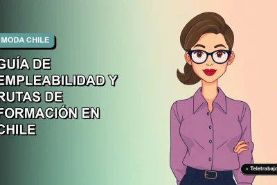 Ilustración plana vectorial de una mujer profesional de la moda en Chile, con fondo degradado azul verdoso.