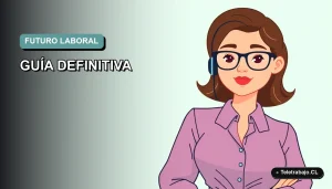 Ilustración vectorial plana de una mujer profesional chilena con blusa azul y lentes, sobre fondo degradado verde menta, representando carreras con futuro en Chile 2026.