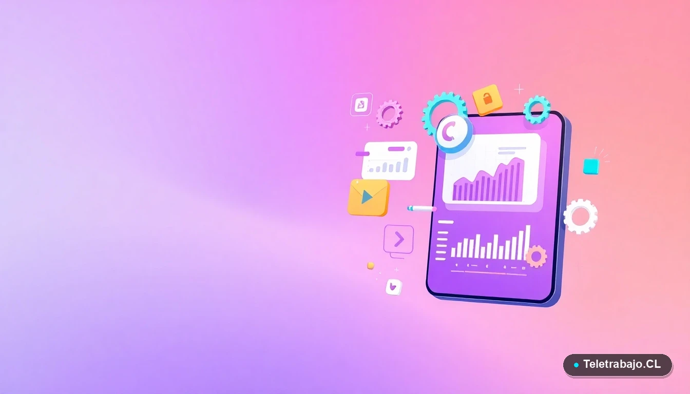 Interfaz de usuario abstracta con gráficos flotantes y engranajes en estilo vectorial plano, sobre fondo degradado lavanda, concepto de carreras tecnológicas en Chile.