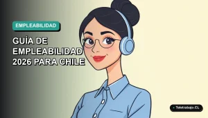 Ilustración vectorial plana de una mujer profesional chilena con blusa azul y pelo recogido, sobre fondo degradado verde menta. Representa empleabilidad en carreras técnicas sin título universitario.