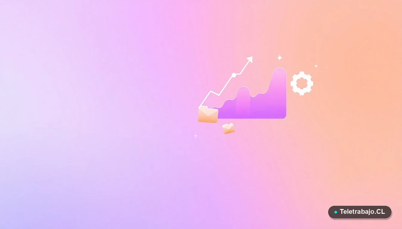 Elementos de interfaz de usuario abstractos: gráficos, engranajes y carpetas flotantes en colores lavanda y durazno, sobre fondo degradado. Concepto de habilidades digitales y datos.