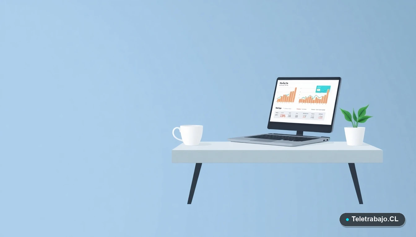 Escritorio moderno vacío con laptop, taza de café y planta, en estilo de ilustración vectorial plana sobre fondo degradado azul grisáceo.