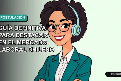 Ilustración plana de mujer profesional chilena sonriendo con blazer, sobre fondo degradado verde azulado, concepto de búsqueda de empleo.