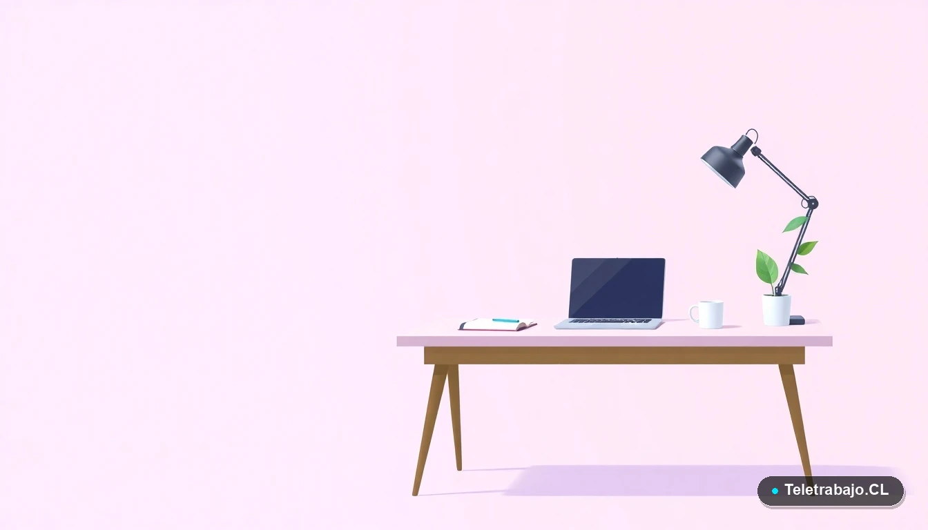 Escritorio moderno minimalista con laptop, cuaderno y taza de café, sobre fondo degradado lila, representando un espacio de trabajo profesional.