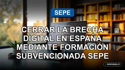 Formación digital subvencionada para cerrar la brecha digital en España, ordenador portátil en un despacho moderno.