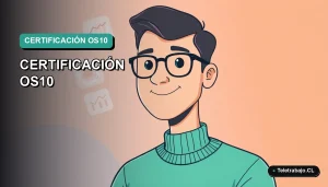 Ilustración vectorial plana premium de un trabajador tecnológico masculino junto a una interfaz digital, representando la certificación OS10 en Chile. Fondo con gradiente suave.