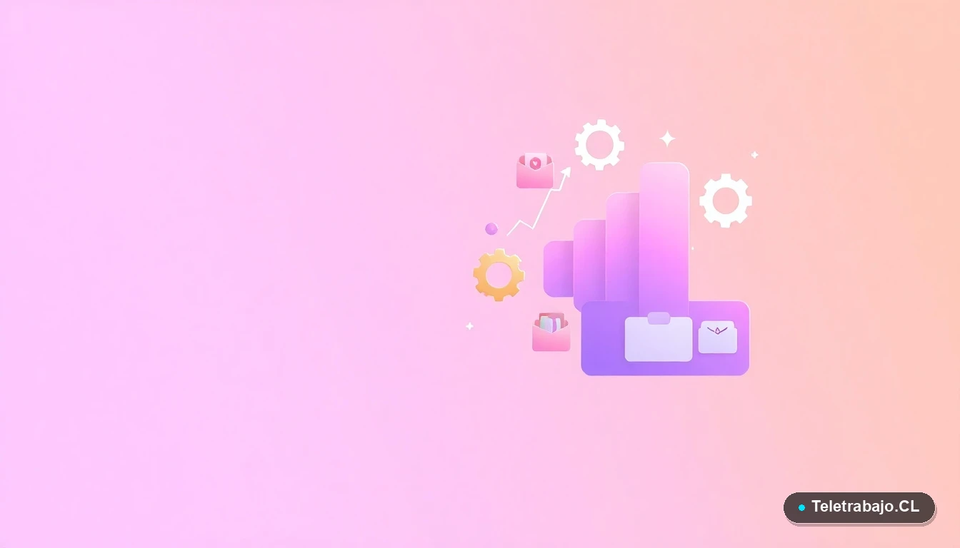 Ilustración abstracta de interfaz de usuario con gráficos, engranajes y carpetas flotantes en tonos lavanda y durazno, concepto de tecnología y procesos para certificación SEC.