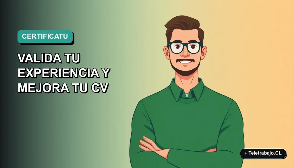 Hombre profesional chileno con certificado de profesionalidad, ilustración plana estilo Corporate Memphis, fondo degradado azul verdoso.