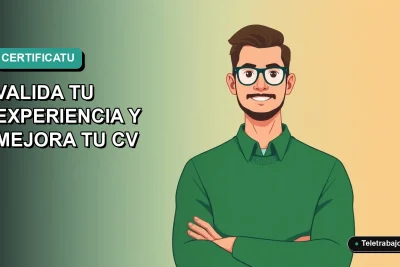 Hombre profesional chileno con certificado de profesionalidad, ilustración plana estilo Corporate Memphis, fondo degradado azul verdoso.