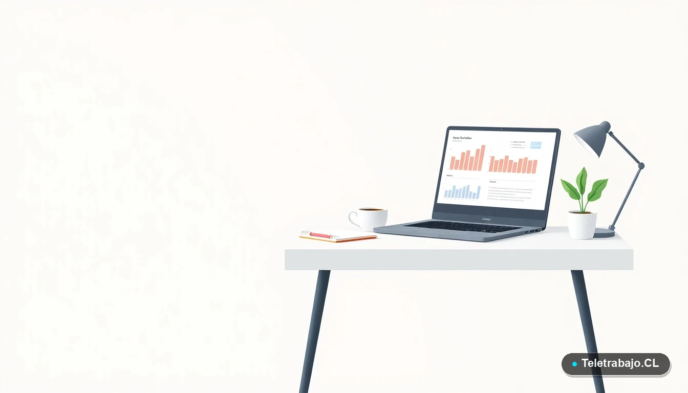 Escritorio moderno minimalista con laptop, taza de café y planta, ilustración plana estilo corporativo, fondo degradado suave.