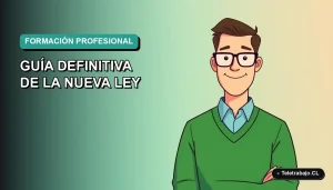 Ilustración plana de trabajador remoto masculino con suéter verde, sobre fondo degradado azul verdoso, representando la nueva ley de certificados de profesionalidad 2026.