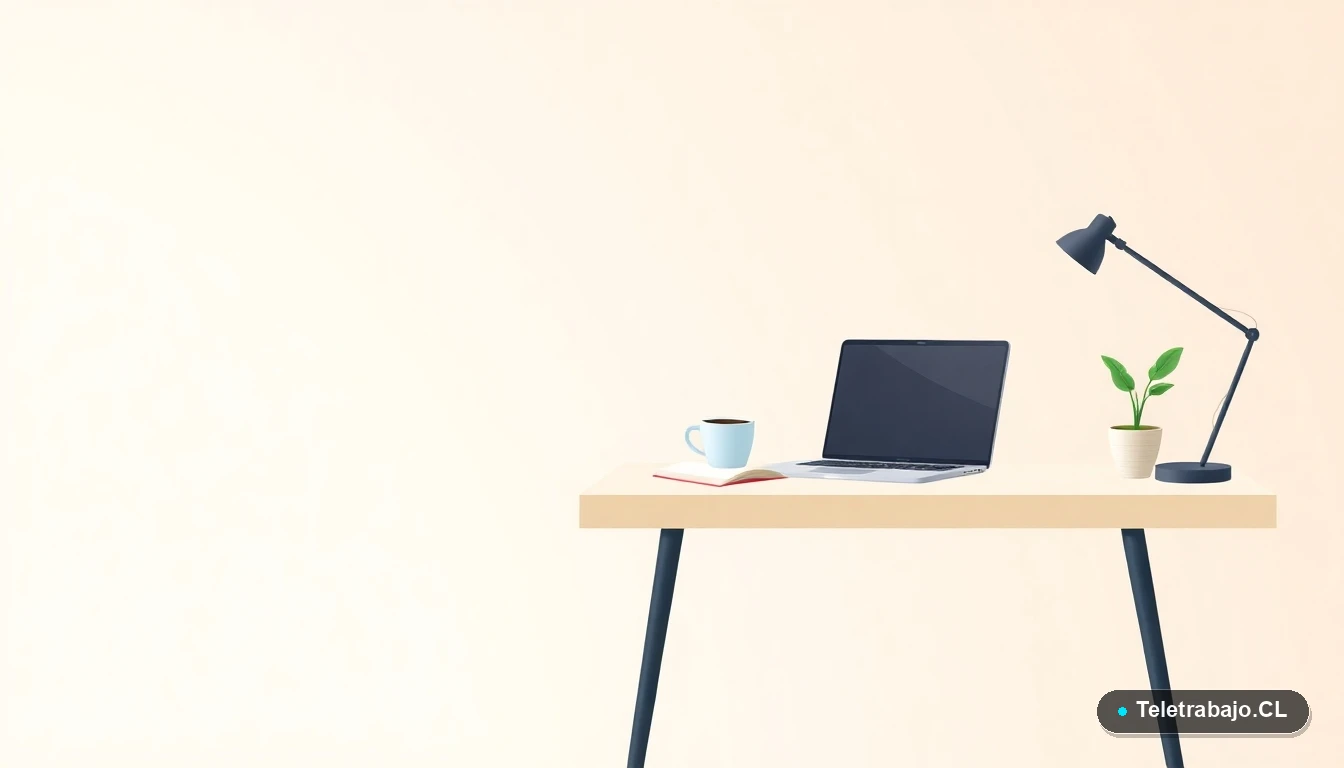 Escritorio moderno minimalista con laptop, cuaderno, taza de café y planta, sobre fondo degradado menta, concepto de espacio de trabajo para formación profesional.