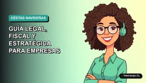 Ilustración plana corporativa de una trabajadora remota sonriente, con fondo degradado azul verdoso, para guía legal de cestas de Navidad 2026 en Chile.