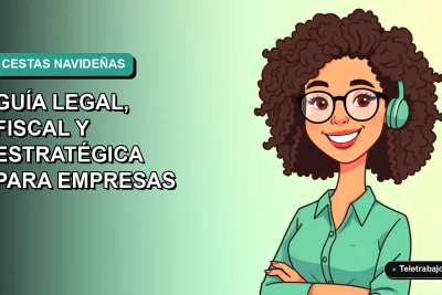 Ilustración plana corporativa de una trabajadora remota sonriente, con fondo degradado azul verdoso, para guía legal de cestas de Navidad 2026 en Chile.