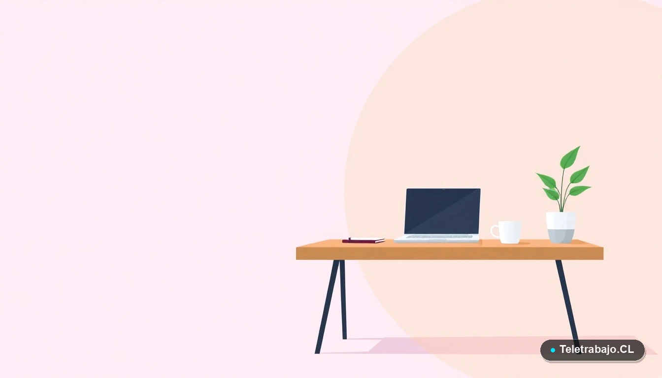 Escritorio moderno minimalista para teletrabajo con laptop, café y planta, ilustración vectorial plana con fondo gradiente lavanda.