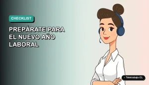 Ilustración plana vectorial de una mujer profesional con blusa blanca y cabello recogido, sobre un fondo degradado verde azulado. Espacio negativo a la izquierda.