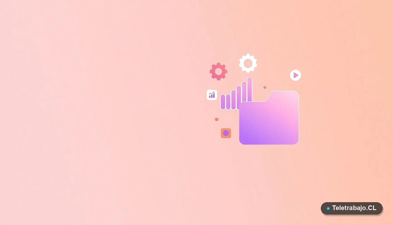 Composición abstracta de interfaz de usuario con gráficos flotantes, un engranaje y carpetas, en tonos lavanda y durazno, sobre fondo degradado. Espacio negativo minimalista.