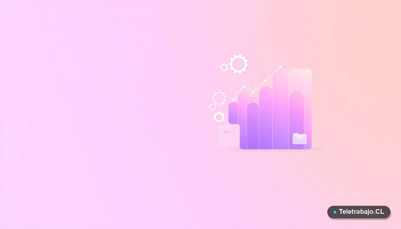Elementos abstractos de interfaz de usuario: gráficos, engranajes y carpetas flotantes en colores lavanda y durazno, sobre fondo degradado, representando la gestión de experiencia.