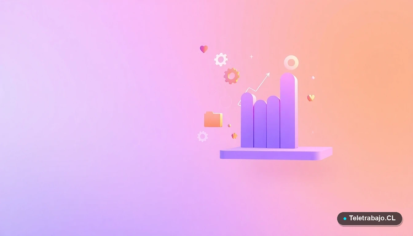 Composición abstracta de interfaz de usuario con gráficos y engranajes flotantes en tonos lavanda y durazno, sobre fondo degradado, representando tecnología y gestión de oportunidades laborales.