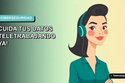 Ilustración plana corporativa de mujer profesional teletrabajando con fondo degradado azul verdoso, concepto de ciberseguridad.