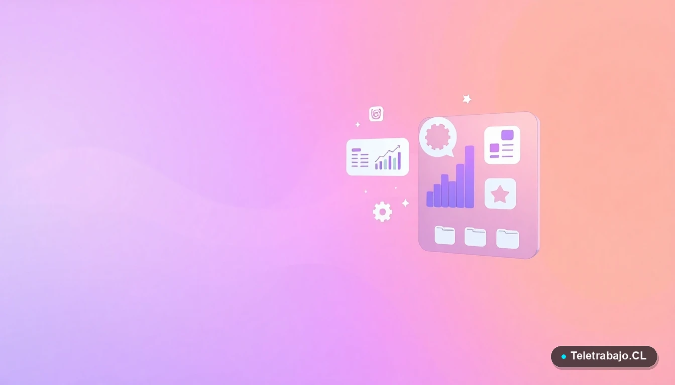 Elementos de interfaz de usuario abstractos y coloridos, como gráficos y engranajes flotantes, sobre fondo degradado lila y durazno, representando tecnología y seguridad digital.