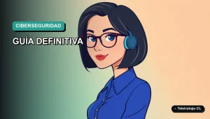 Ilustración plana corporativa de una mujer profesional de teletrabajo con blusa azul, sobre un fondo degradado suave, representando la seguridad informática en el trabajo remoto.