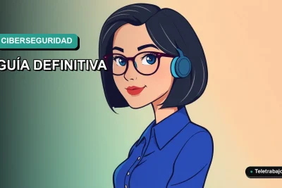 Ilustración plana corporativa de una mujer profesional de teletrabajo con blusa azul, sobre un fondo degradado suave, representando la seguridad informática en el trabajo remoto.