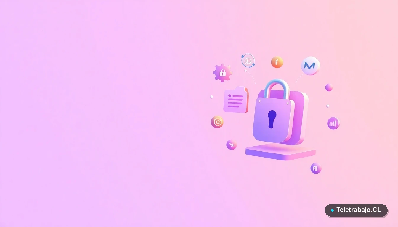 Ilustración abstracta de interfaz tecnológica con iconos flotantes de un escudo, candado y gráficos de red, sobre fondo degradado lila, concepto de ciberseguridad.