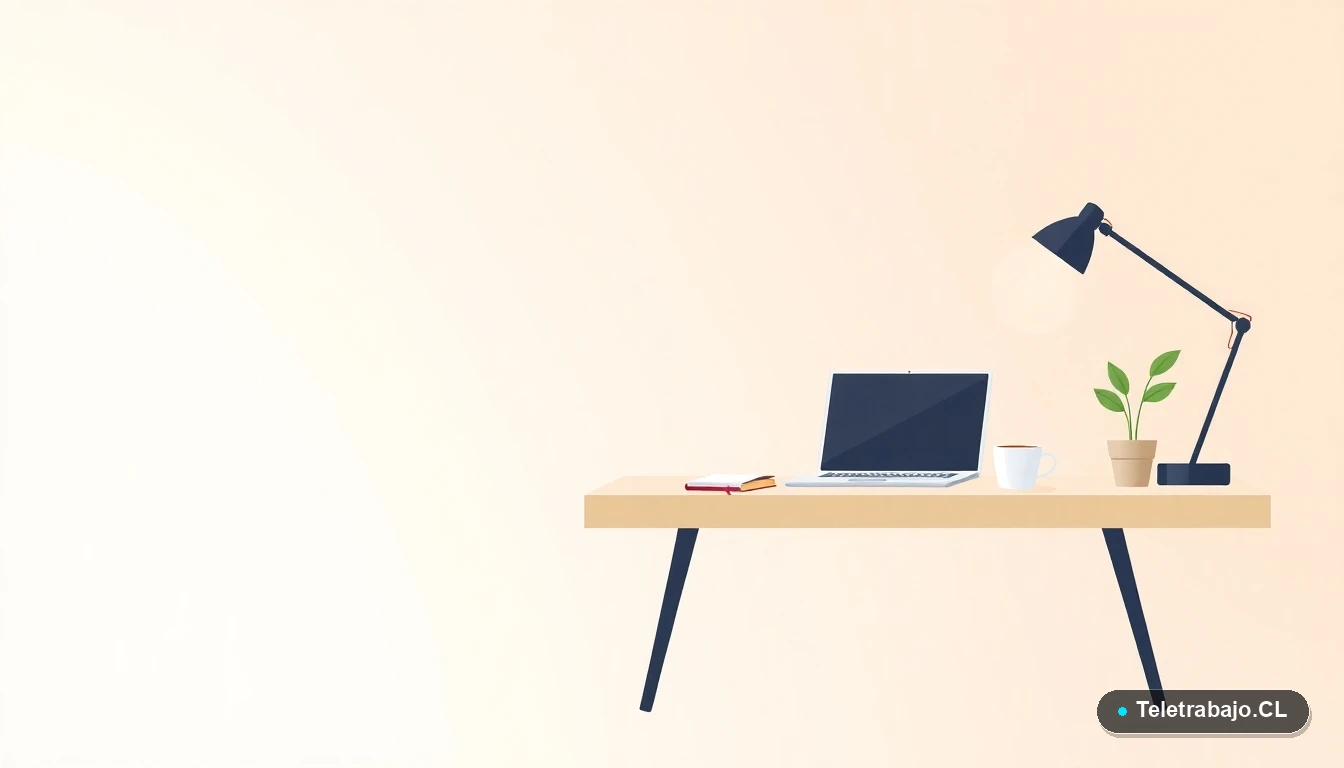 Escritorio moderno con laptop y elementos de oficina para gestionar trámites en línea, ilustración plana.