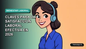 Ilustración plana corporativa de una mujer profesional feliz trabajando de forma remota, con fondo degradado verde azulado.